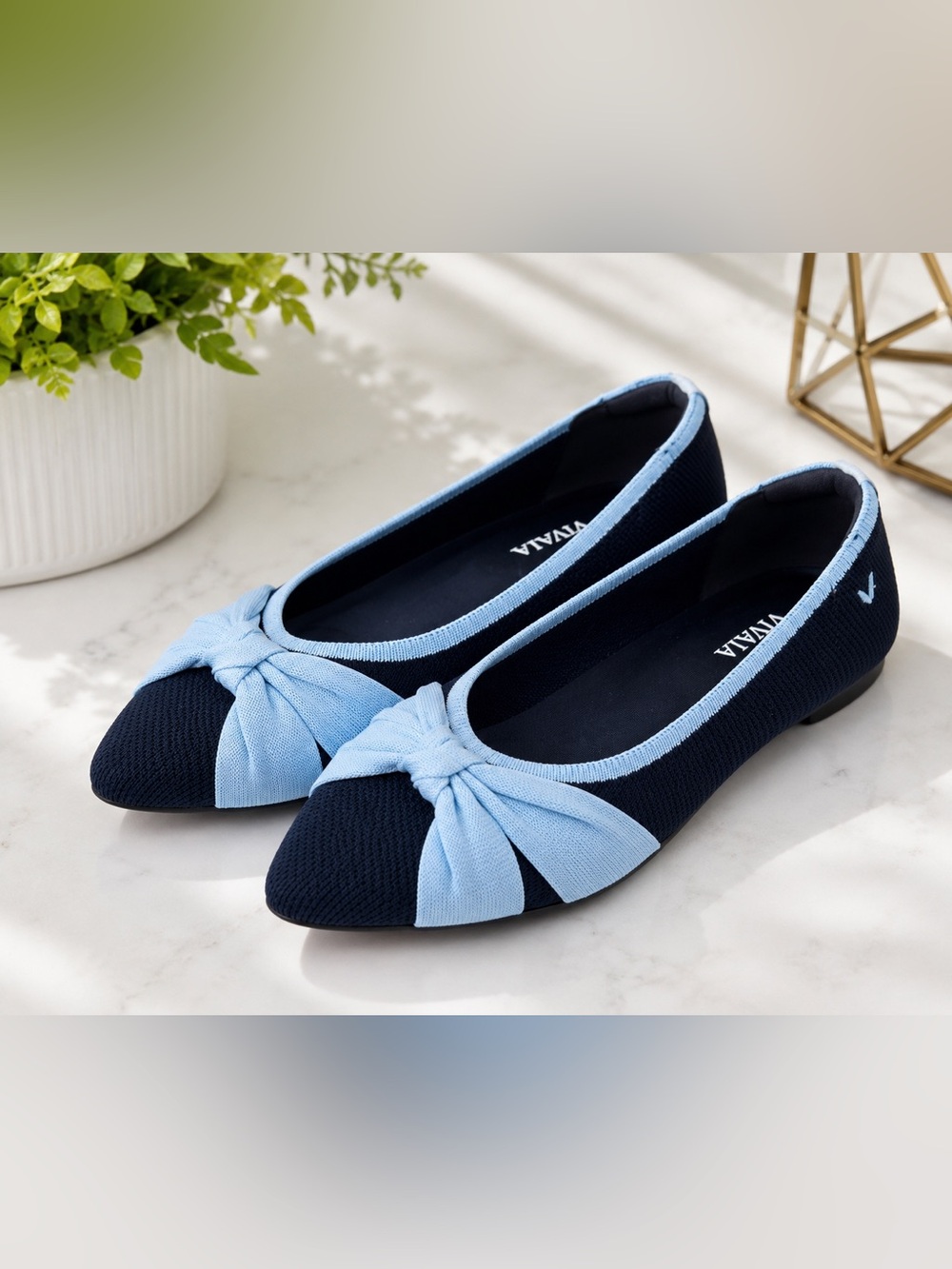 VIVAIA Aria 5° Pointed Toe Knit Ballet Flats Navy Blue Bow Size EU 39 8- 8.5 - Picture 1 of 10